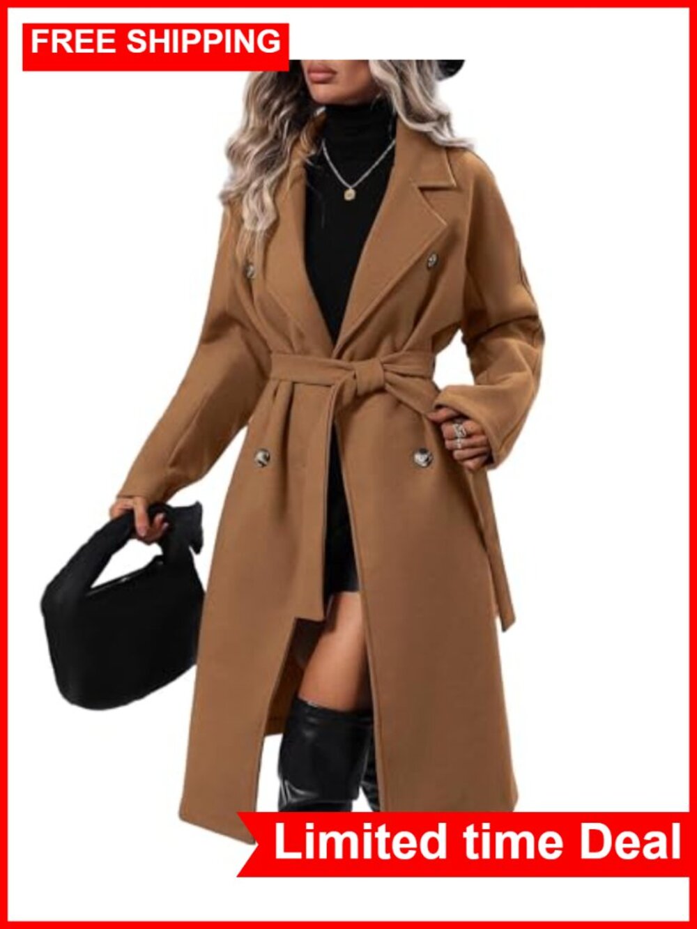 Wool Blend Long Pea Coat Double Breasted Belted Trench Coat